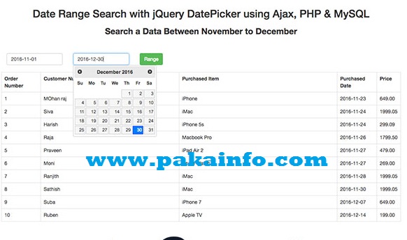 Date Range Search Jquery DatePicker using Ajax PHP with MySQL