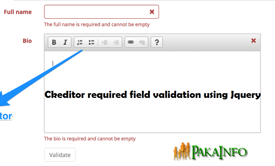 Ckeditor required field validation using Jquery