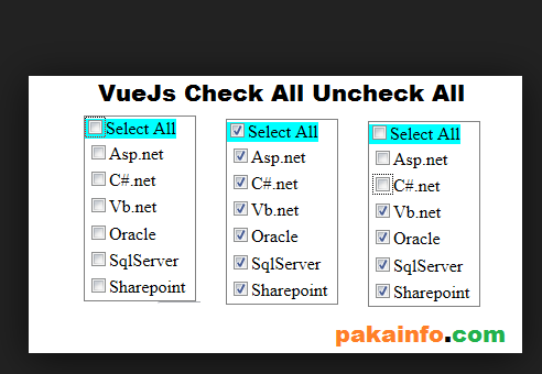 vue.js check uncheck all checkboxes Example