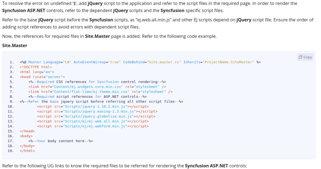 How to resolve the "JavaScript runtime error : '$' is undefined" with the Syncfusion controls?