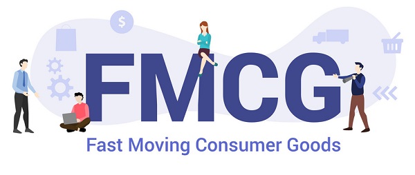 fmcg fast moving consumer goods concept with big word or text and team people with modern flat style - vector