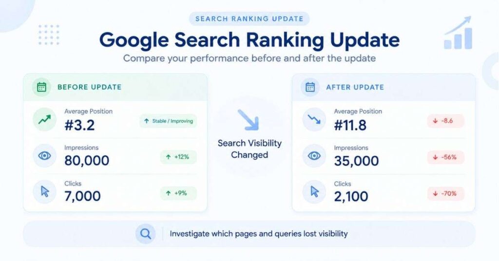 Before and after comparison of website search traffic and rankings